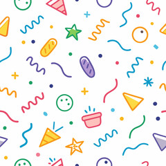 Colorful party seamless pattern with doodles, confetti, stars, and geometric shapes on white background.