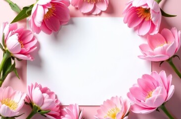 Spring card. Flowers located along the edge of a festive picture with an empty space for text for congratulations. Spring flowers and white blank sheet of paper