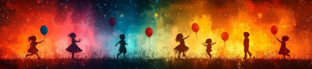Children playing with colorful balloons in a vibrant landscape with glowing lights. Generative AI