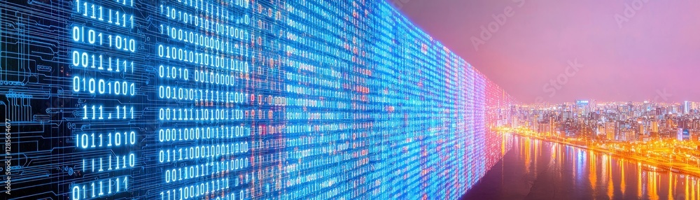 Aufkleber Digital Cityscape with Binary Code and Illuminated Skyline at Night
