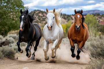 Obraz premium three horses running next to each other, western theme, 