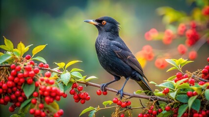Fototapeta premium A Dark-Plumaged Bird Perched on a Branch Laden with Vibrant Red Berries in a Lush Natural Setting