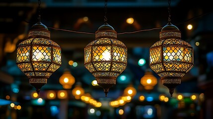 Fototapeta premium Hanging lanterns, night market, colorful lights