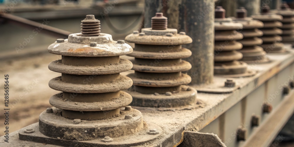 Poster close-up view of rusted electrical insulators on a utility structure, showcasing their layered desig