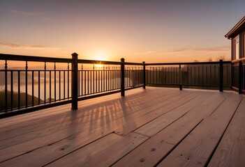 Obraz premium A wooden deck with a metal railing overlooking a sunset. The railing casts long shadows on the deck, creating a warm and peaceful atmosphere.