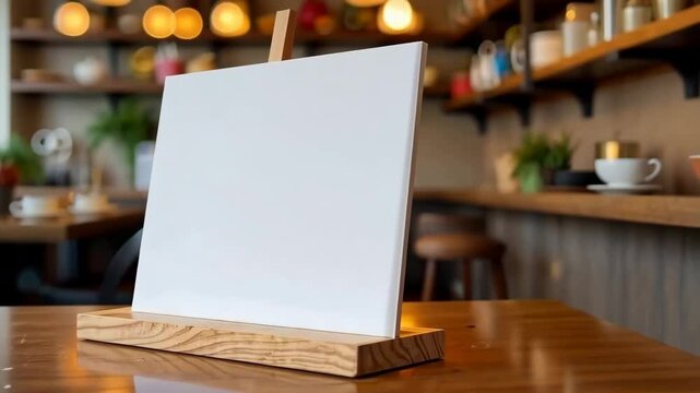 Blank canvas on wooden stand in cozy caf&eacute; setting with warm lighting ambience