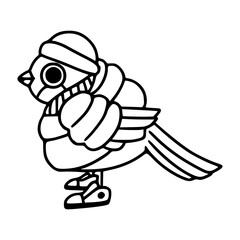cute bird in winter clothes outline drawing