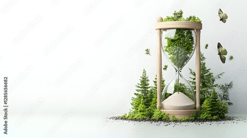 Poster wooden hourglass filled with miniature trees instead of sand representing the urgency of forest cons