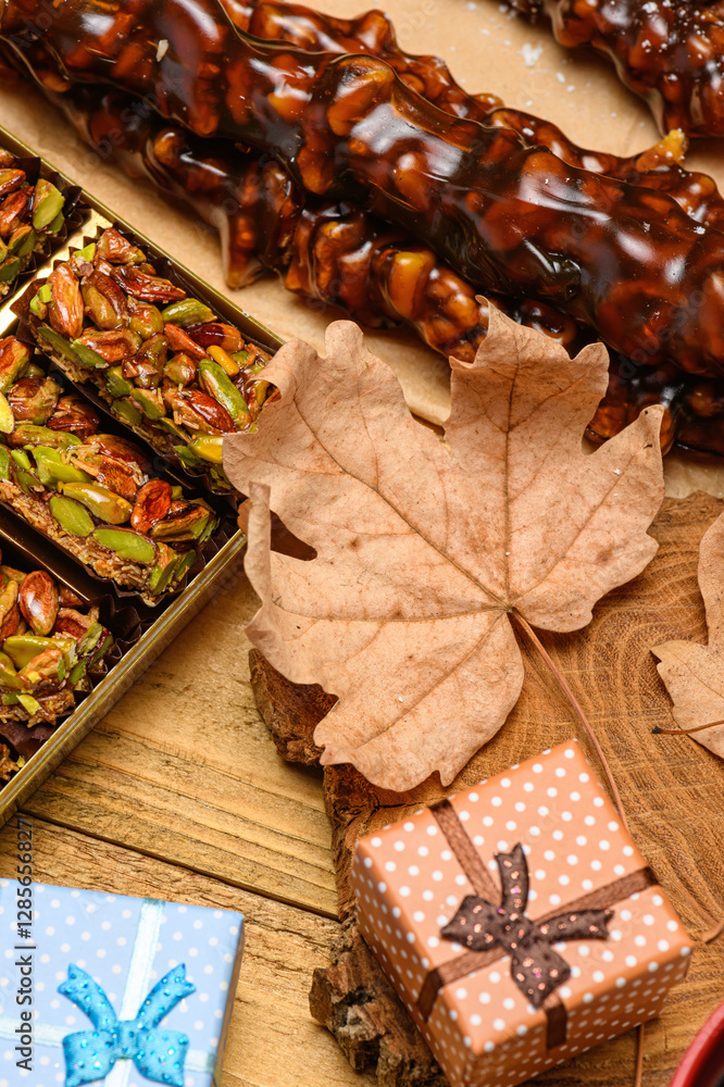 Sticker Sweet food Turkish delight on wooden background, assorted locum and candy for decorated backdrop