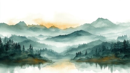 Misty Mountain Reflection Over Calm Waters with Trees and Hills. Generative AI