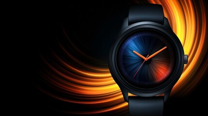 A black watch with orange and blue hands on a black background