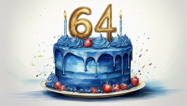 Illustration of decorated blue cake for birthday or anniversary party. Number 64, sixty-fourth birthday celebration