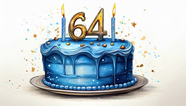 Illustration of decorated blue cake for birthday or anniversary party. Number 64, sixty-fourth birthday celebration