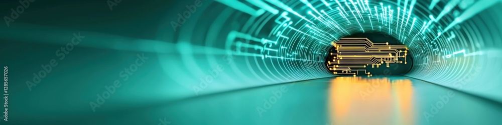 Poster Futuristic Digital Tunnel with Glowing Circuit Patterns and Lights