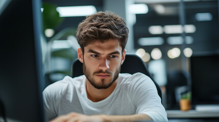 Obraz premium Young professional working intently on desktop computer within contemporary, well-lit workspace