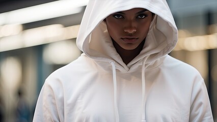 White hoodie displayed against a dark backdrop, featuring a front pocket, drawstrings,