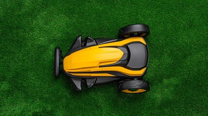 Fototapeta premium Yellow Robotic Lawn Mower on Lush Green Grass AI Generated