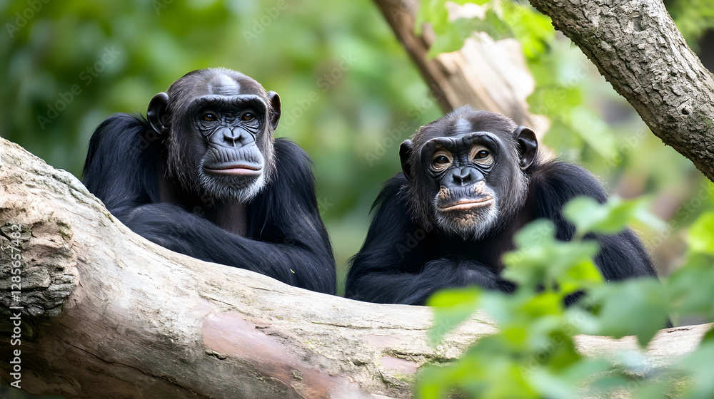Poster Two Chimpanzees Resting on Tree Branch in Dense Green Jungle : Generative AI