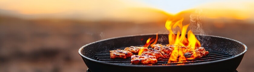 A grill with sizzling meat is engulfed in flames, set against a stunning sunset backdrop, capturing the essence of outdoor cooking and summer gatherings.