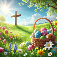 Spring Easter scene with a wooden cross, Easter eggs, and blooming flowers
