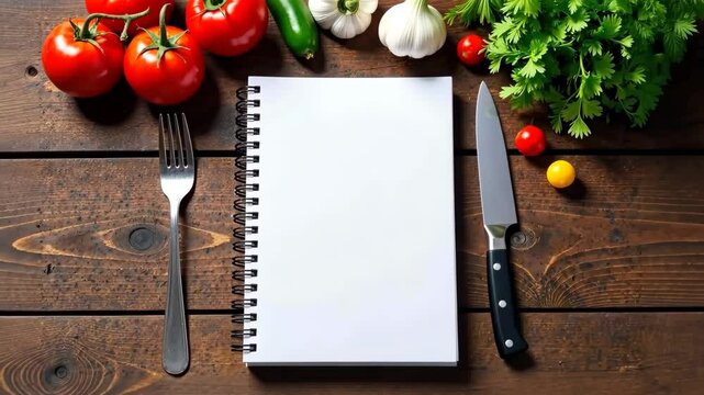 Culinary creativity: blank recipe book amidst fresh tomatoes, parsley, and garlic