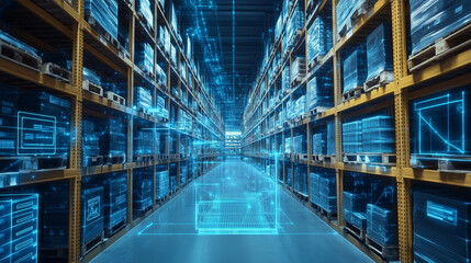 Fototapeta premium Futuristic warehouse using augmented reality to manage logistics and inventory with a digital interface showing data and information