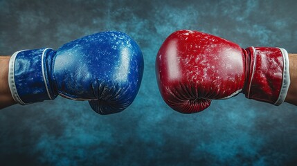 Red and blue boxing gloves clashing head-to-head, representing confrontation, conflict, and competition