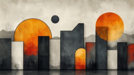 Modern Abstract Urban Landscape with Large Sun and Blocks. Generative AI