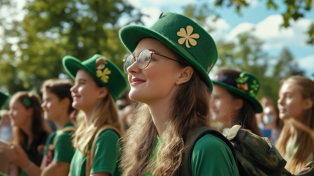 Young girl with green St. Patrick’s Day hat enjoying the outdoor celebration with friends. AI Generated Images

