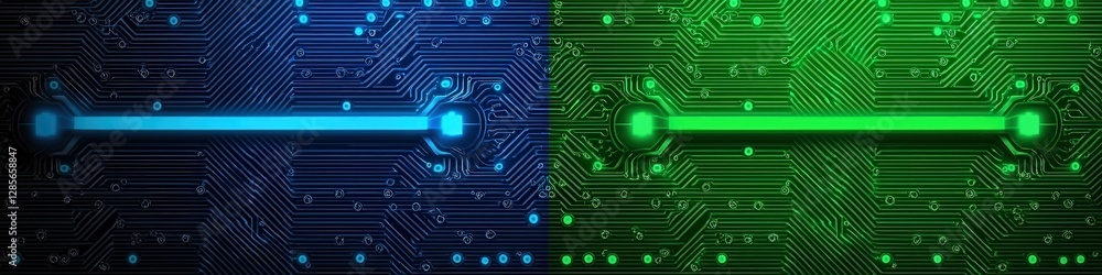 Poster abstract digital circuit board background with glowing lines green and blue technology design