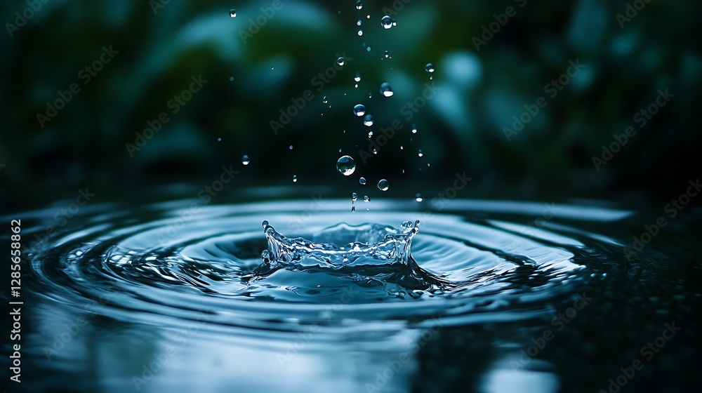 Poster water drop creating crown splashes and ripples on the surface