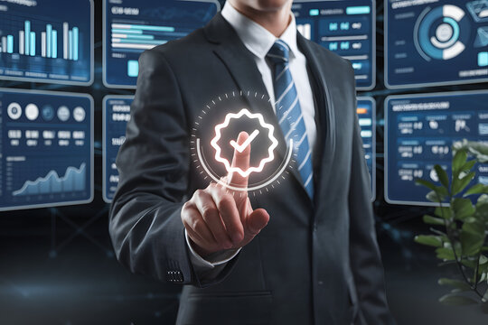Business professional presenting a glowing digital certificate shield, symbolizing trust, legal security, quality assurance, and compliance in a futuristic corporate environment.