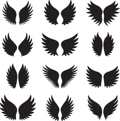 12 various stylized wings, flat design, symmetrical, black silhouette wings on white background
