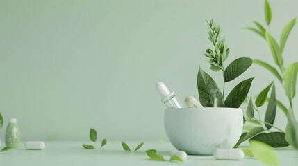 Herbal remedy setup with green leaves and glass droppers in a serene pastel environment