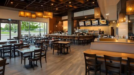 Modern Cozy Restaurant Interior With Wooden Decor and Ambient Lighting : Generative AI