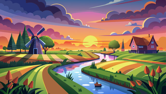 The sun sets over the Dutch polder landscape near Gouda, Holland