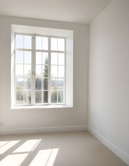Fototapeta premium A bright, airy room with a large window letting in natural light, casting shadows on the plain white walls