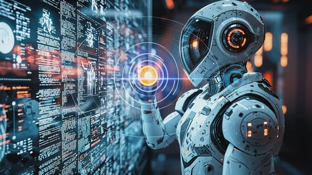 Robot Interacting with Interface: A sleek, advanced robot interacts with a complex digital interface, representing the cutting edge of technology, futuristic concepts.