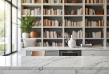 A white marble countertop or table in the foreground, with a blurred bookshelf and living room area in the background