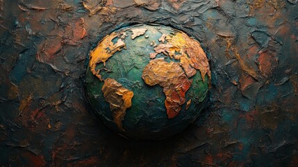 Earth globe with continents in warm tones and a detailed texture on a painted background. Generative AI