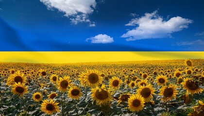 Fototapeta premium The Ukrainian flag seamlessly blending into an endless field of sunflowers under a clear sky
