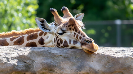 Obraz premium Content Giraffe Resting Its Head on a Rock Capturing a Moment of Animal Tranquility : Generative AI