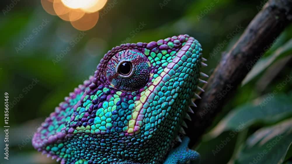 Poster close-up video of a colorful chameleon on a branch, shot from a side angle, highlighting its texture