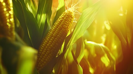 Golden Corn in Sunlit Fields with Lush Green Leaves and Stalks