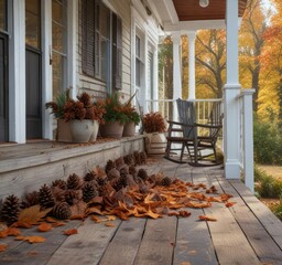 Freshly fallen leaves and pinecones on a vintage farmhouse porch, fallen leaves, forest floor