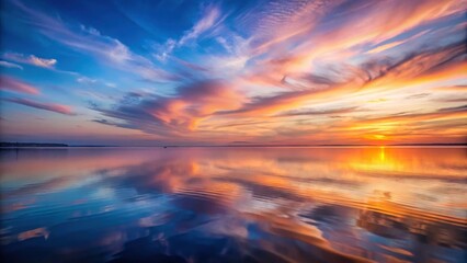Obraz premium Serene Sunset Reflection on Calm Waters, Vivid Colors Painting the Sky and Water with Dramatic Hues