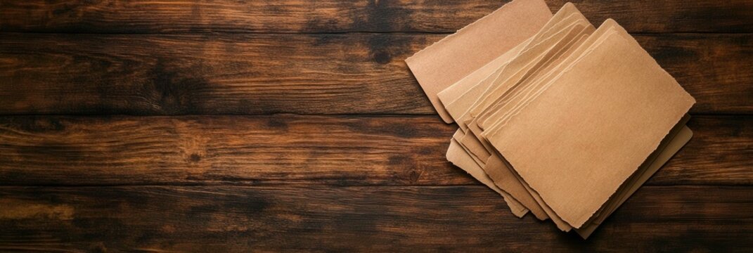 Stacked Brown Paper Folders on Rustic Wooden Table Surface in Soft Lighting
