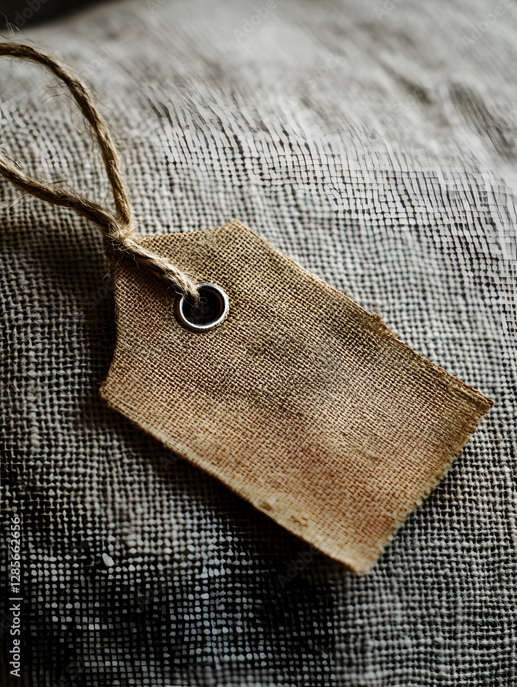 Poster Burlap Fabric Tag with Twine Loop on Textured Cloth for Rustic Packaging Concepts : Generative AI