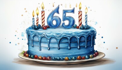 Illustration of decorated blue cake for birthday or anniversary party. Number 65, sixty-fifth birthday celebration