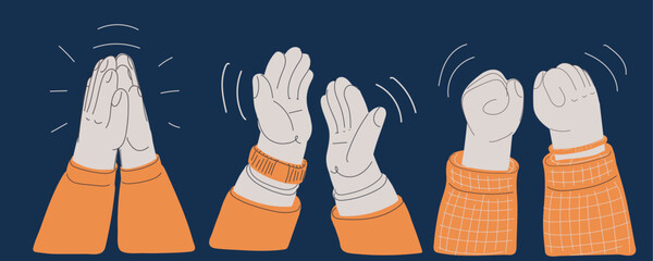 Cartoon vector illustration of hands applauding and fists raised in triumph, symbolizing celebration, achievement, and empowerment over dark background.